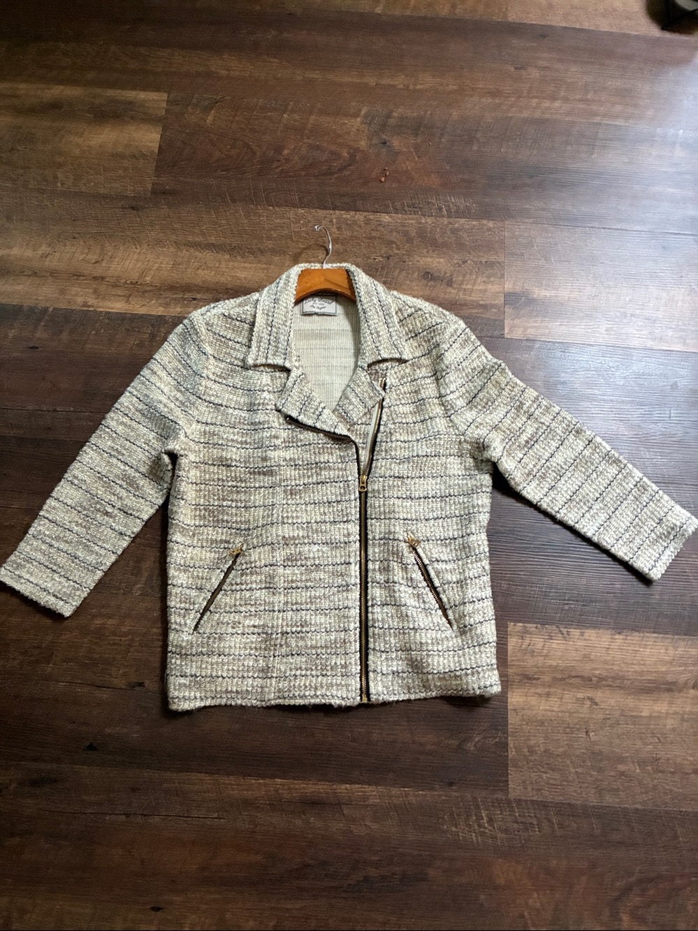 Lucky Brand Cream Bouclé Zip-Front Jacket with Brown Stripes